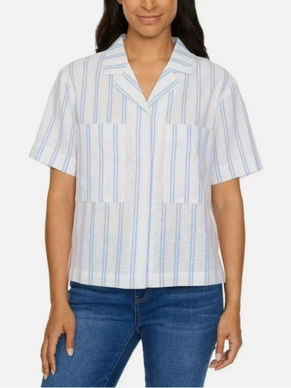 Buffalo David Bitton White Shirt Linen Blend with Light Blue Vertical Stripes